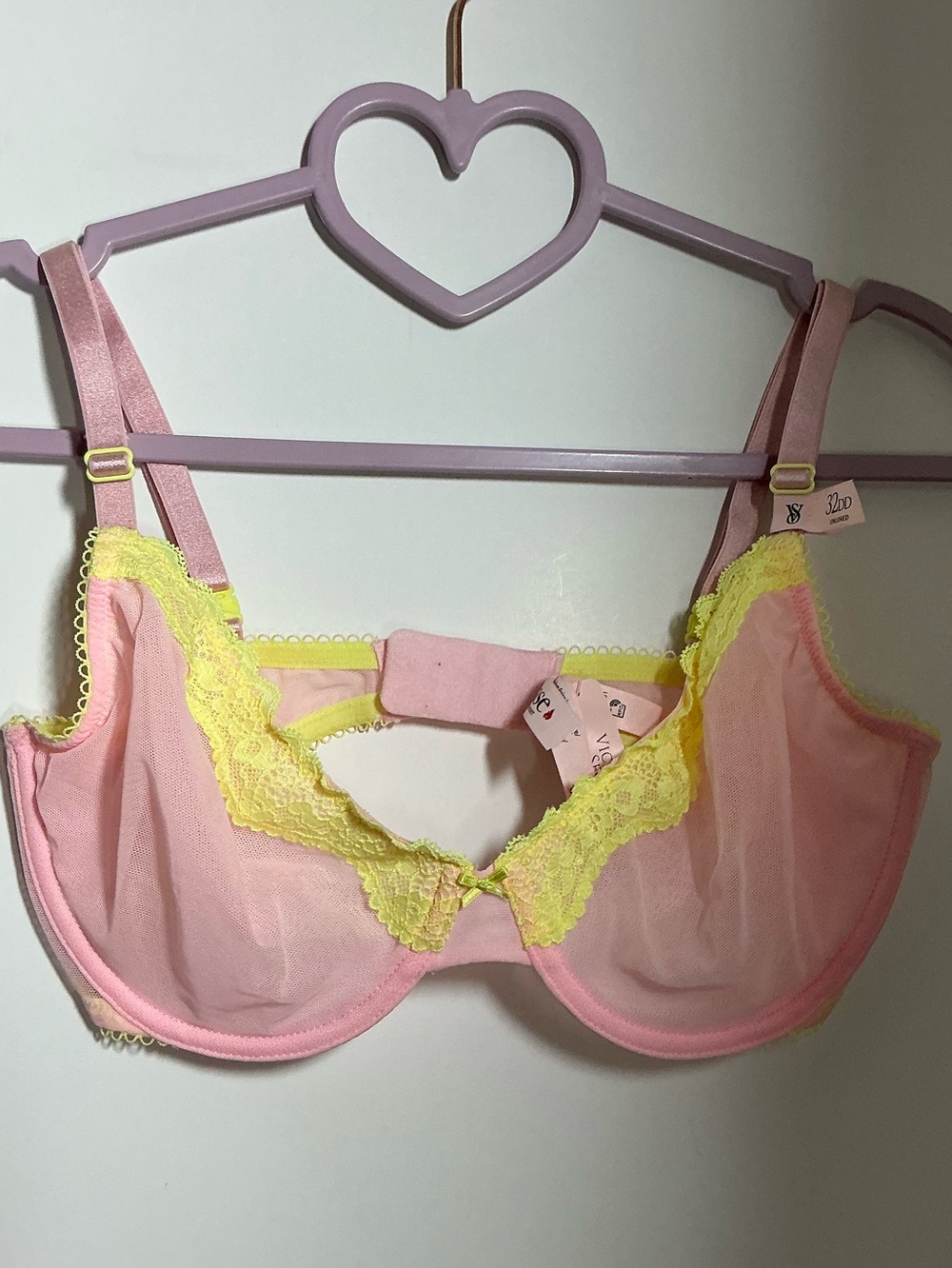 Victoria Secret Sheer Pink & Yellow Lace Underwire Bra - Women Intimates 32 DD